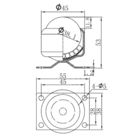 Kogelrol (kogelpot), 38.1 mm, met bevestigingsgaten en Nylon kogel, voor onder kastjes